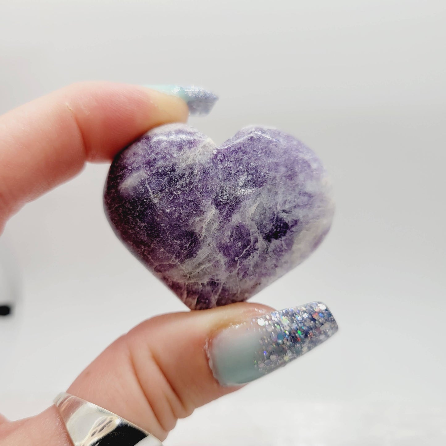 Lepidolite Heart Crystal Heart Palm Stone Metaphysical Reiki